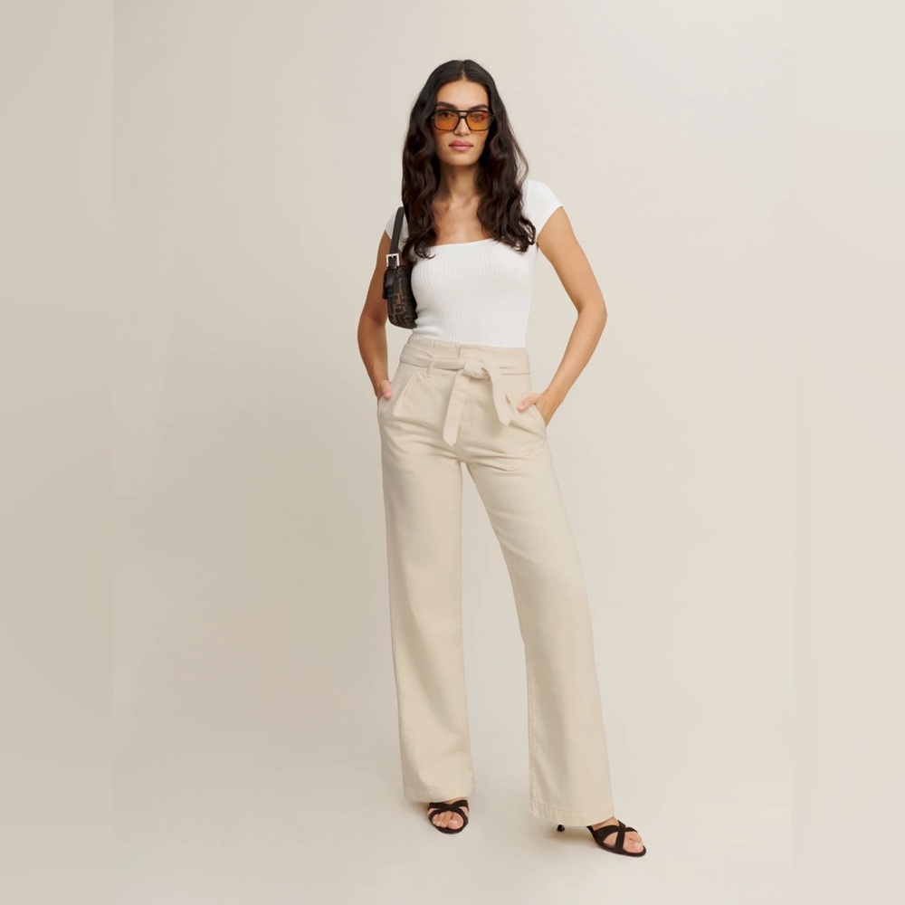 Reformation Lang Belted Ultra High Rise Pleated Jeans size 26 Almond